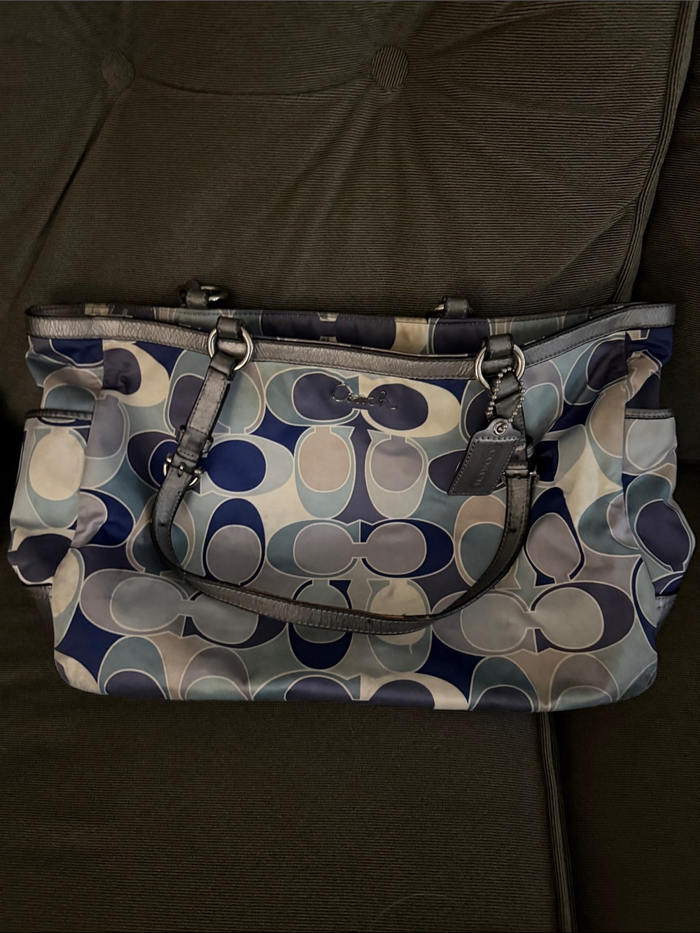 Coach Navy and Light Blue Signature Tote with Leather Trim